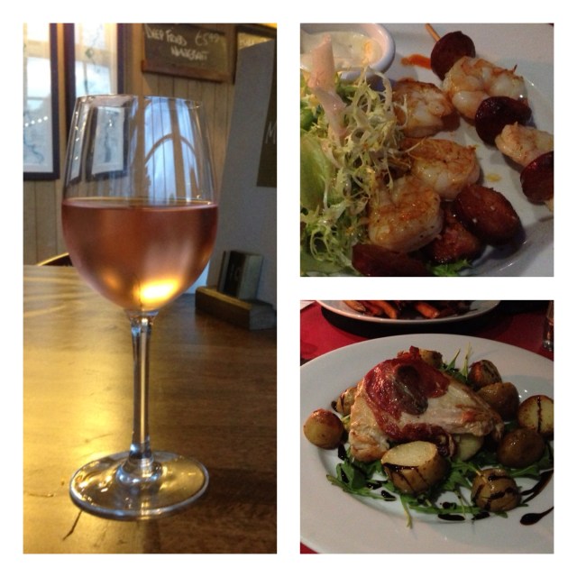 A chilled glass of rose tasted like summer even if the temperature outside was anything but. Chorizo and king prawn skewers with chilli mayo to start followed by chicken saltimbocca with pan fried potatoes and rocket.