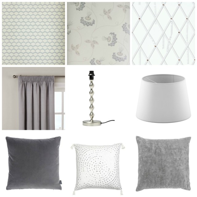 Top row (l-r): Neisha Crosland Pollen wallpaper, Neisha Crosland Merlin wallpaper, Christian Lacroix Air de Paris wallpaper. Middle row: curtains from John Lewis, lamp base and shade from Ikea. Bottom row: Grey cushions from Heal's and white cushion from Day Home
