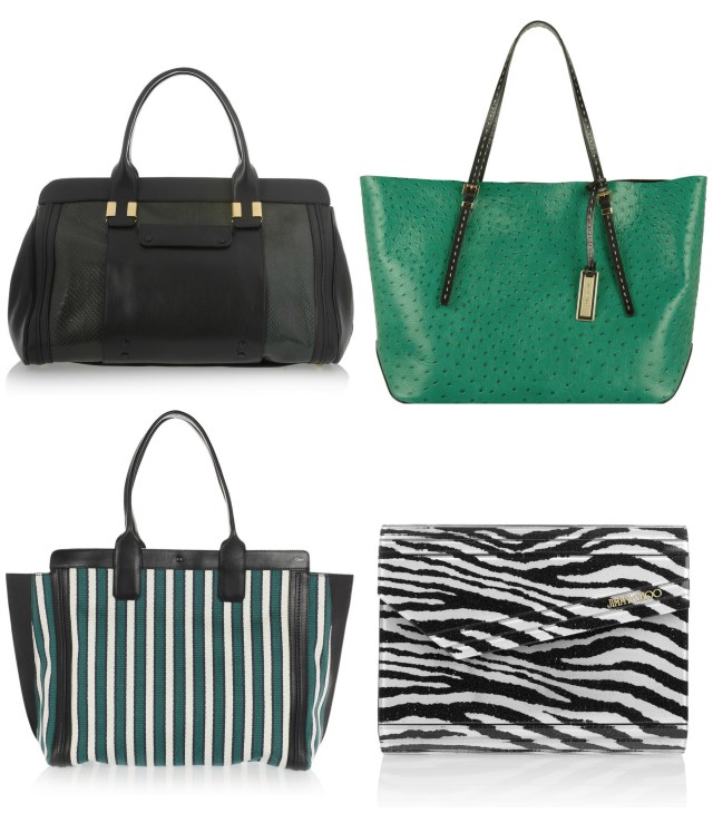Chloe Alice tote was £2,205 now £1,544; Michael Kors Gia shopper was £655 now £328; Alison shopper by Chloe was £665 now £399; Zebra print clutch by Jummy Choo was £495 now £248