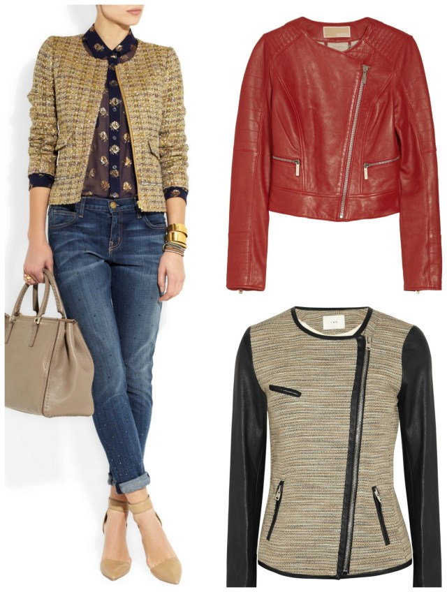 J Crew tweed jacket (on left) was £410 now £205; Michael by Michael Kors leather biker jacket was 515 now £309; Leather trimmed tweed jacket by IRO was £662 now £463 