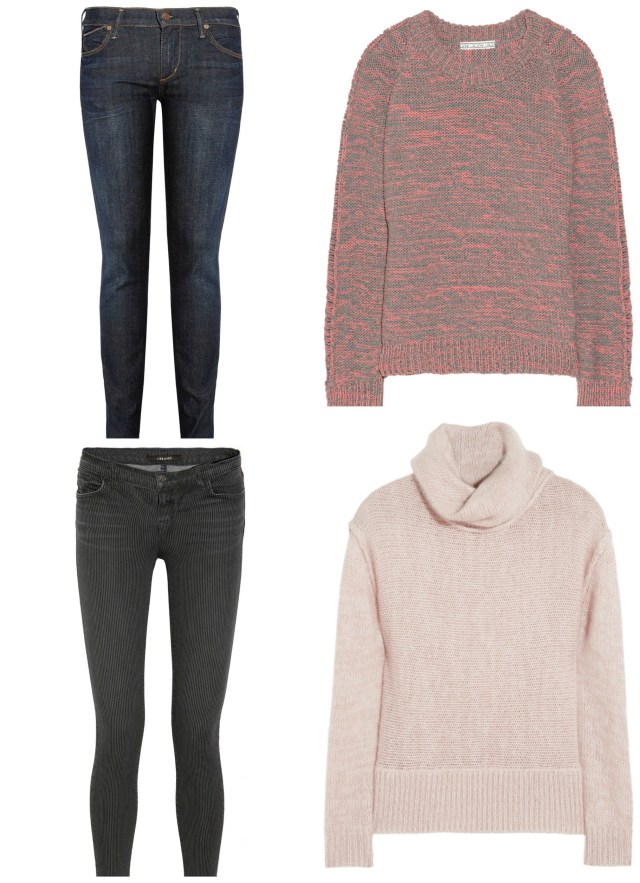 J Brand 811 striped skinny jeans was £225 now £112; Citizens of Humanity Avedon jeans was £210 now £147; Cottonblend sweater by Dagmar was £200 now £100; Duffy turtleneck was 250 now £150