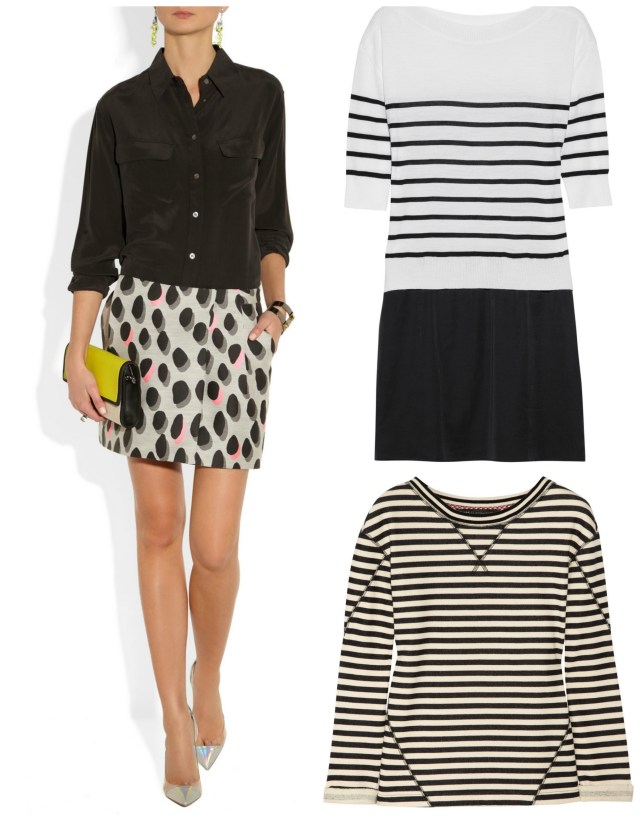 Wrap skirt by Diane vin Furstenberg, was £300 now £180; Striped dress by Clu was £280 now £140; Striped sweatshirt by Marc by Marc Jacobs was £150 now £75