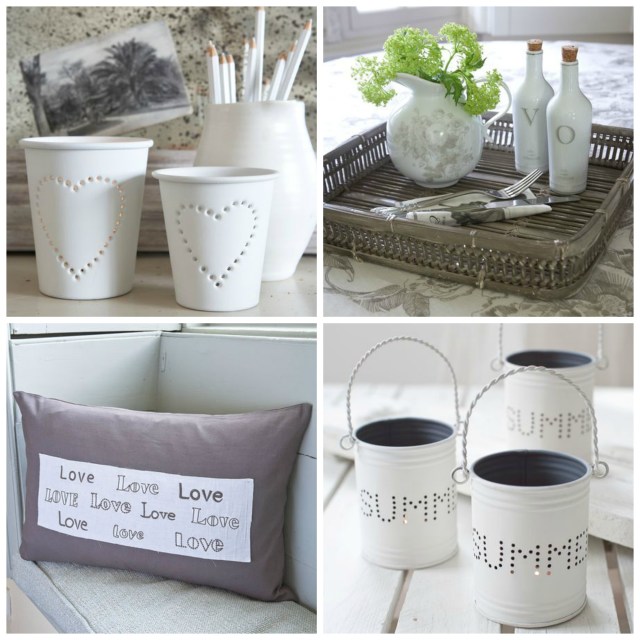 Clockwise from top left: Pierced Tealight holders now £3.57 for medium and £4.77 for large; Bamboo tray now £29.96; Summer Hurricane Lanterns now £6.48 for a set of three; Vintage Graphite Love Cushion now £17.97