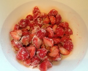 Strawberries mixed with sugar and ready to go in the fridge overnight. We used 500g of fruit rather than the 1kg given in the recipe.